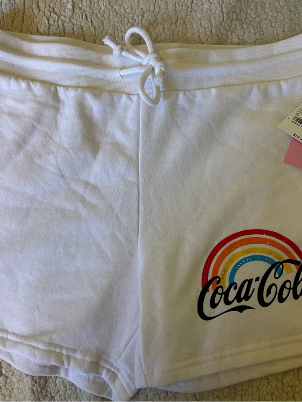 Coca Cola White Athletic Shorts with Rainbow Graphic